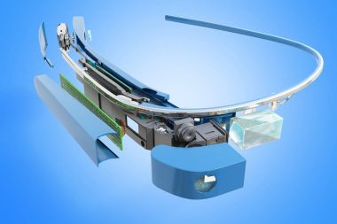 Etkileşimli gözlük sökmeye parçaları 3d render mavi backg üzerinde