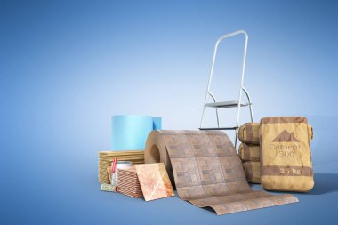 Onarım kavramı iş üzerinde beyaz izole İnşaat malzemeleri 