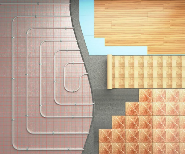 Concept van een warme vloer het verwarmingssysteem wordt gelegd op de verdieping — Stockfoto