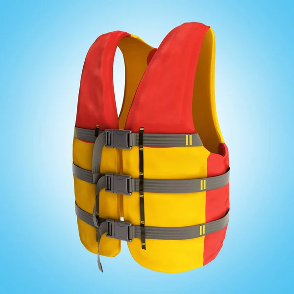 Zwemvest rood geel 3d renderen op blauwe achtergrond — Stockfoto