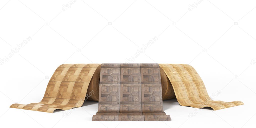 rolls of linoleum with wood texture 3d illustration on white