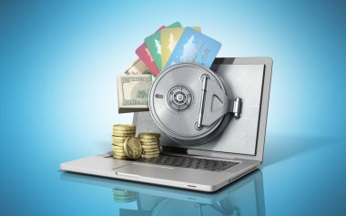 Güvenli çevrimiçi bankacılık para ve kartları th arkasında kavramı