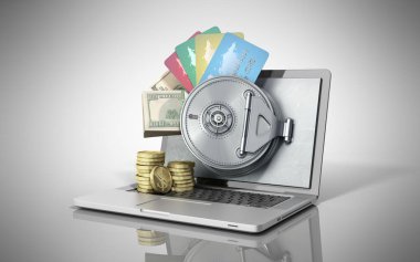 Güvenli çevrimiçi bankacılık para ve kartları th arkasında kavramı