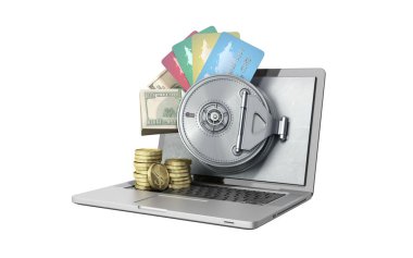 Güvenli çevrimiçi bankacılık para ve kartları th arkasında kavramı