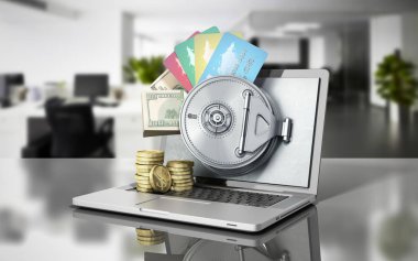 Güvenli çevrimiçi bankacılık para ve kartları th arkasında kavramı