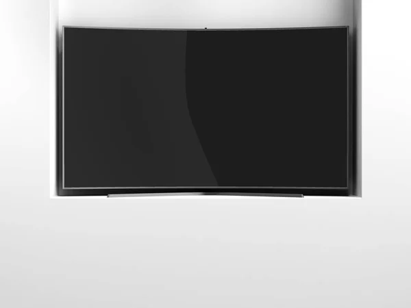 Zakrzywiony pusty ekran fuhd tv 3d renderowania na białym podium — Zdjęcie stockowe