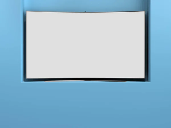 Curvo schermo vuoto fuhd tv 3d rendering sul podio blu — Foto Stock