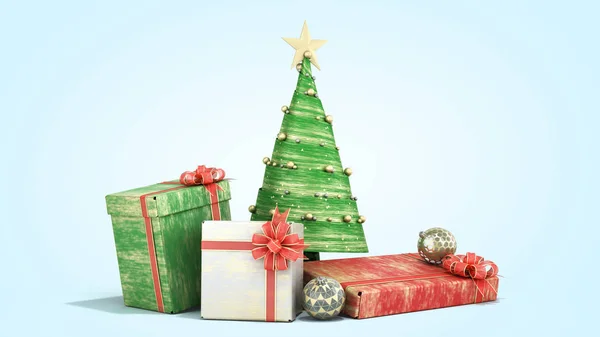 Новорічна декоративна ялинка та новорічні подарункові коробки 3d re — стокове фото