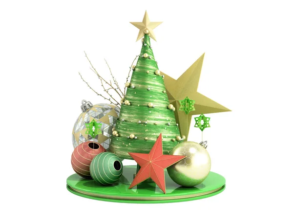 Nuovo anno verde decorativo albero di Natale 3d rendere su bianco no s — Foto Stock