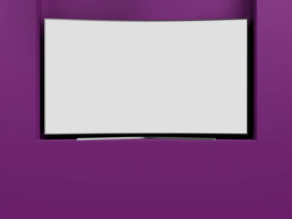 曲线空屏幕fuhd电视3D渲染在彩色讲台上 — 图库照片