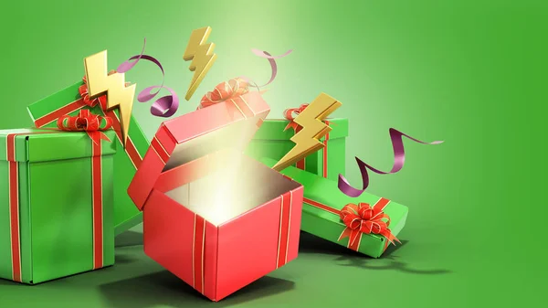 Open kerst geschenkdozen en accessoires achtergrond 3d render o — Stockfoto