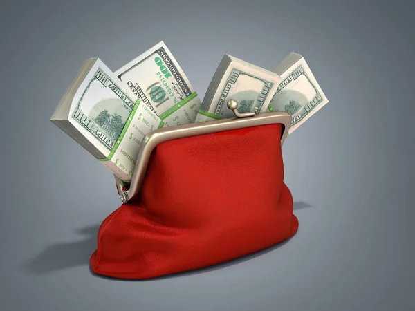 Czerwony portfel z dolarem stosy pieniężne 3d renderowania na szarym gradiencie b — Zdjęcie stockowe