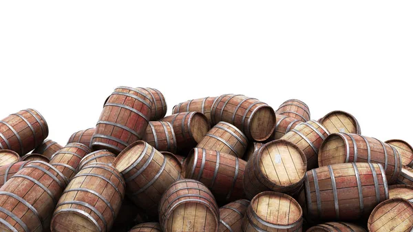 Wooden barrels pile isolated on white background 3d illustration — Stock Photo, Image