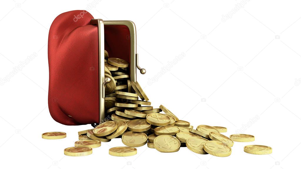 Red wallet with gold money coins 3d render on whitr no shadow