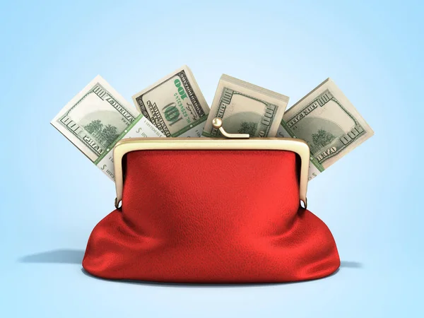 Billetera roja con pilas de dinero en dólares 3d rendir en gradiente azul —  Fotos de Stock