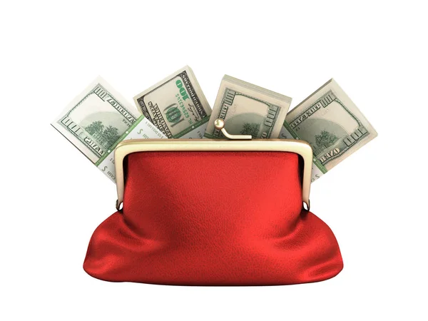 Billetera roja con dinero en dólares apila 3d rendir en blanco sin sombra —  Fotos de Stock