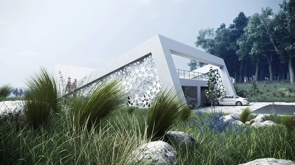 निसर्ग गृहनिर्माण संकल्पना आधुनिक शैली तलाव घर 3d बाह्यरेखा रेंडर — स्टॉक फोटो, इमेज