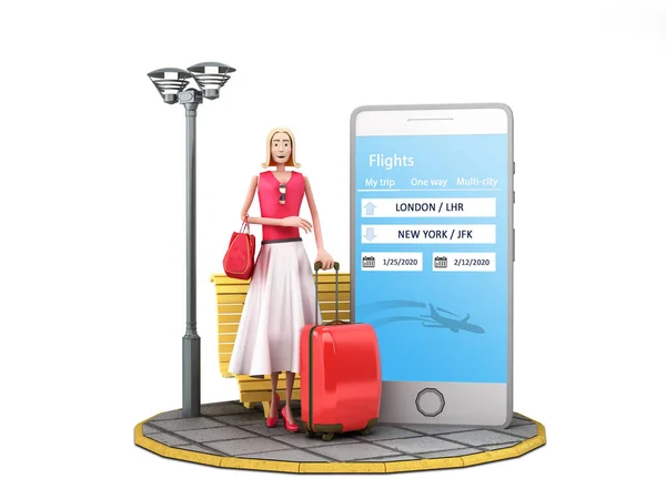 Travel concept cartoon woman with a suitcase stands next to a sm — 스톡 사진