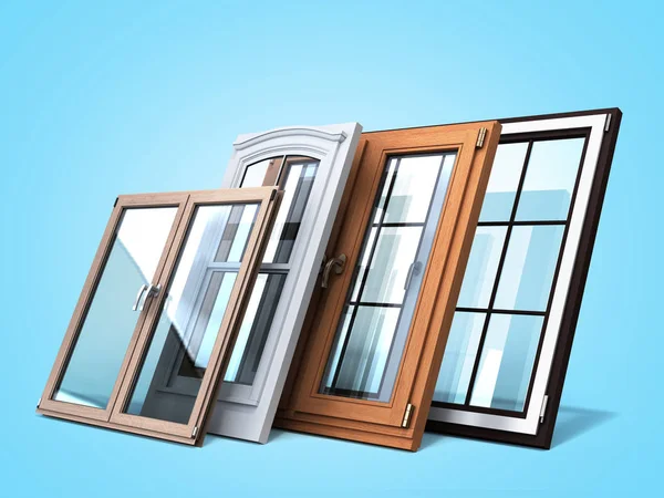 Olika typer av fönster försäljning marknadsföring bakgrund 3d render på — Stockfoto