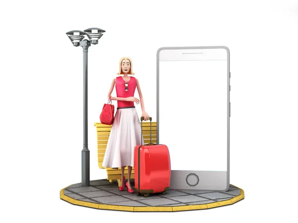 Travel concept cartoon woman with a suitcase stands next to a sm — 스톡 사진