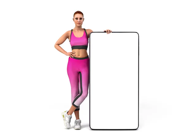 App de fitness concept girl en vêtements de sport est debout à côté de la p — Photo