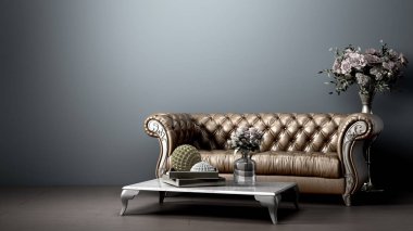 Basit bir iç mekan ve koyu kahverengi deri kanepe.