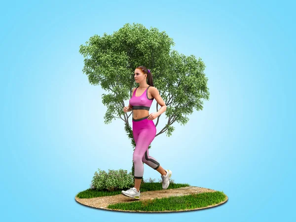 Dayly fitness conceito menina corre na natureza 3d render em azul gra — Fotografia de Stock