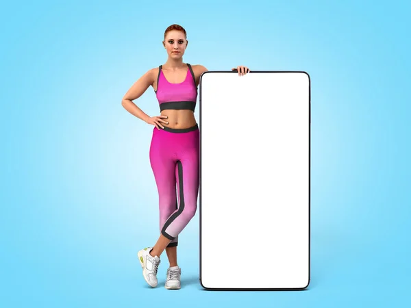 App de fitness concept girl en vêtements de sport est debout à côté de la p — Photo