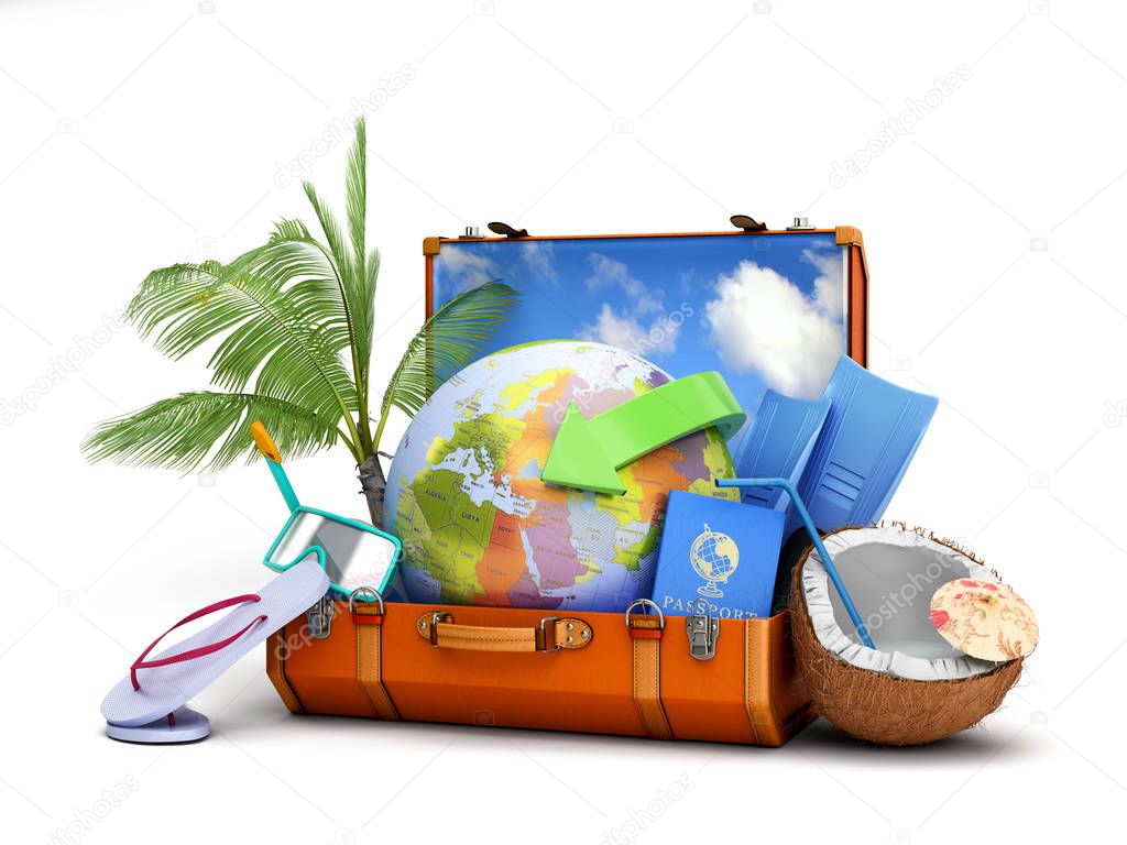 modern summer travel concept suitcase with a globe inside near a