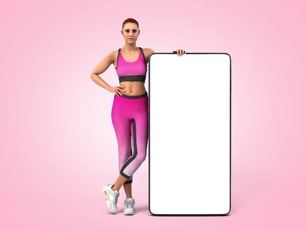 App de fitness concept girl en vêtements de sport est debout à côté de la p — Photo