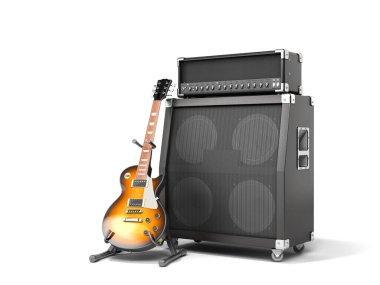 musical instrument guitar and speaker 3d render on a white backg