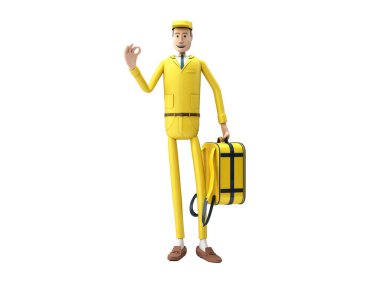 Hızlı teslimat konsepti. Kurye termal bir sırt çantası taşıyor. 3D