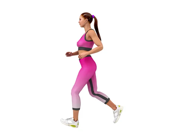 Dag fitness concept meisje loopt 3d renderen op wit geen schaduw — Stockfoto