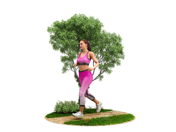 Jour concept de remise en forme fille fonctionne sur la nature 3d rendre sur blanc non — Photo