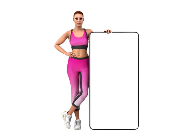 Fitness app concept girl in sportswear is standing next to the p — Stock Photo, Image