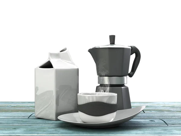 Чашка кавоварки гейзера для кави та молока на дерев'яній підлозі — стокове фото