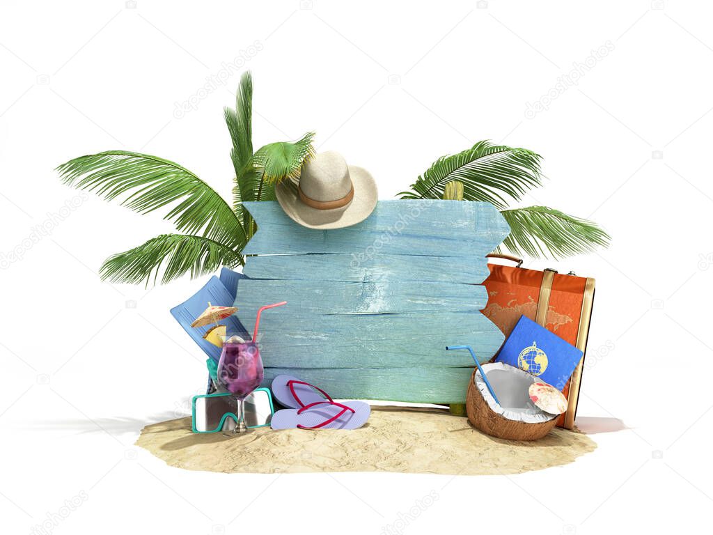 Concept of travel and tourism blue plate attractions and red suitcase for travel on the sand 3D illustration on white