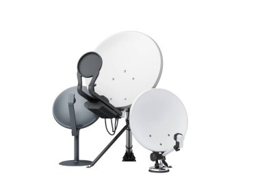 Uydu televizyonu ya da internet konsepti farklı boyutlarda uydu antenleri beyaz üzerine üç boyutlu gölgesi yok.