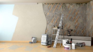 Apartman onarım araçları ve malzemeler harabe 3D görüntüleme odasında duruyor