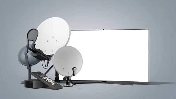 Супутникове Телебачення Або Інтернет Концепція Різного Розміру Супутникові Тарілки Телевізор — стокове фото