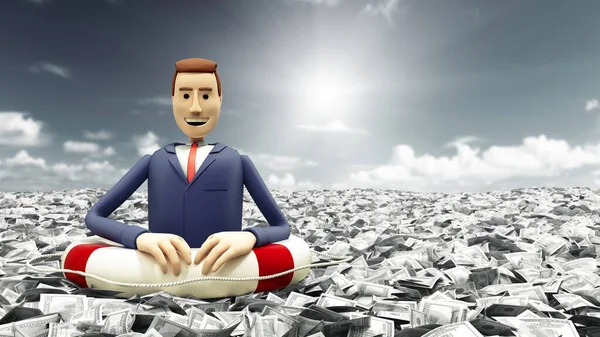 cartoon businessman floating in a sea of money dollar bills on a life buoy 3d render image