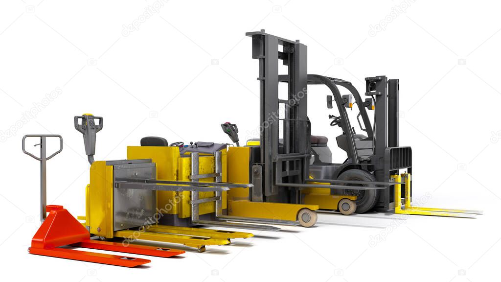 Different Forklift loaders isolated 3D render on white