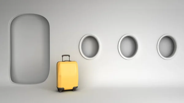 简朴的飞机旅行概念黄色行李箱在简约的飞机机舱3D渲染图像 — 图库照片