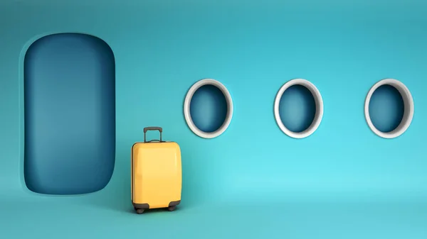 Prosta Koncepcja Podróży Samolotem Żółta Walizka Minimalistycznej Niebieskiej Kabinie Renderowania — Zdjęcie stockowe