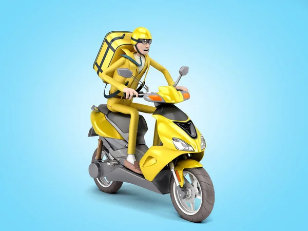 带热背包的摩托车上的信使3D渲染蓝色渐变的速递概念 — 图库照片