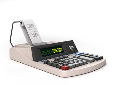 eski elektronik hesap makinesi ön görünüm beyaz üzerine 3d görüntüleme