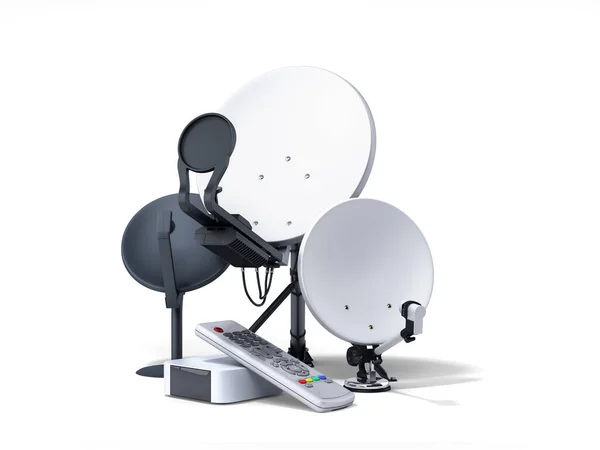 Satellite Internet Concept Different Size Satellite Dishes Render White — 스톡 사진