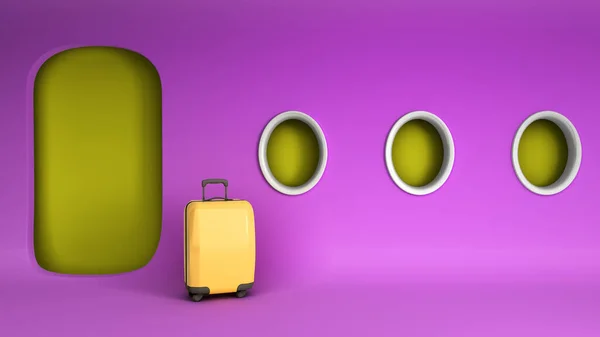 Проста Концепція Подорожі Літака Жовта Валіза Мінімалістичній Кольоровій Кабіні Літака — стокове фото