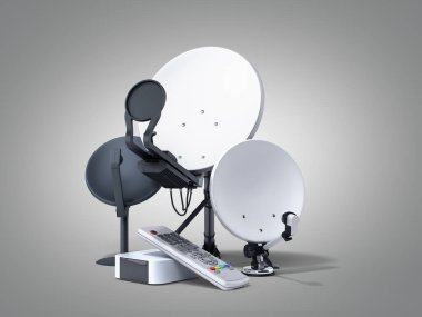 Uydu TV ya da internet konsepti farklı boyutlarda uydu antenleri gri gradyan üzerinde 3D görüntüleme