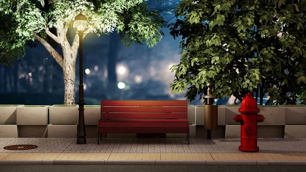 Night Street Background Bench Sidewalk Render Image — Stock Photo, Image